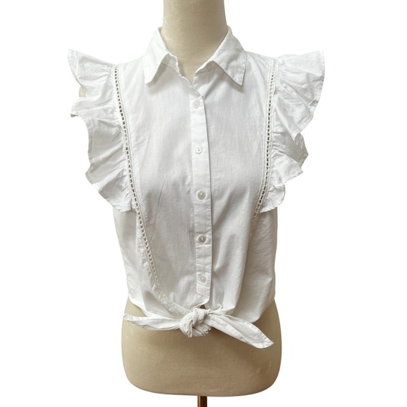 Sim & Sam New Women’s Medium White Ruffle Button Up Sleeveless Top Front Tie - Picture 5 of 8